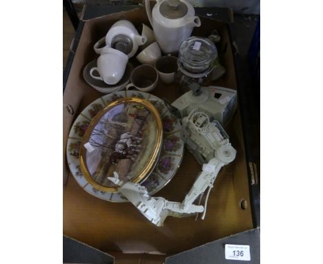 A mixed lot comprising Poole pottery coffee service, Star Wars Walker toy, various decorated plates and other items  