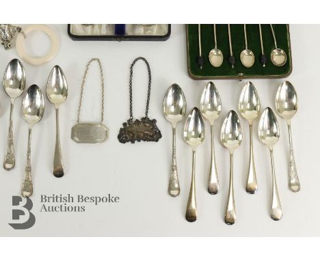 Boxed silver Christening set Birmingham hallmark; boxed mother of pearl teething ring and baby rattle; silver cigarette box w