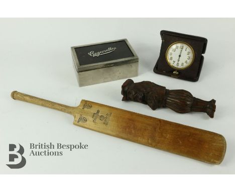 Cigarette box, with silver inlaid tortoiseshell top, Birmingham hallmark, dated 1907, mm HWK 9.5 x 14 cms; Swiss-made travell