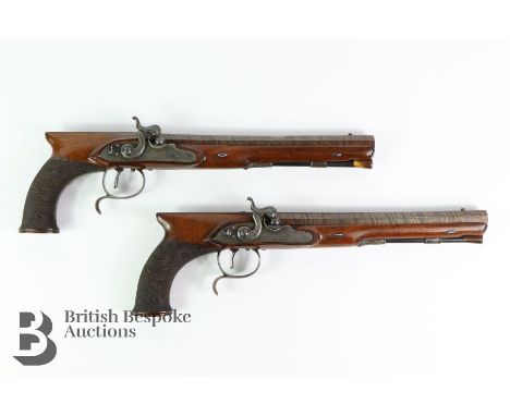 H.W Mortimer & Co (Maker's to His Majesty) cased pair of percussion target pistols, with bolted percussion locks, saw-handled