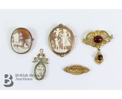 Edwardian 9ct gold seed pearl brooch, 40 x 14mm 2.65 gms (steel pin), a garnet drop pendant brooch 45 x 50mm; silver and enam