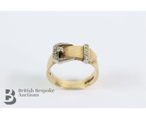 Vintage 9ct gold buckle ring. The ring set with approx 6 pts of dias, size M, approx 3.75 gms. London hallmark dated 1986, mm