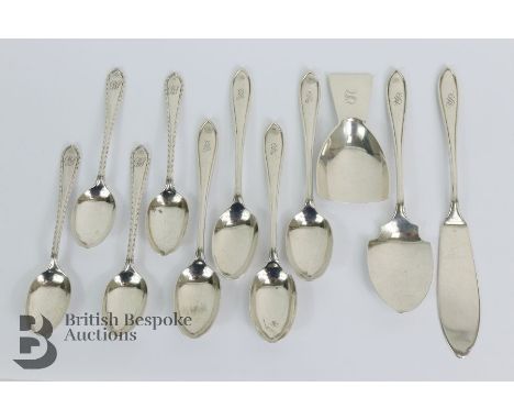 George V silver caddy spoon,Sheffield hallmark dated 1927, 33.6 gms, mm Atkin Bros; silver Christening set Sheffield hallmark