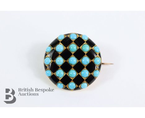 18ct yellow gold, turquoise and black enamel button brooch, approx 23 mm, approx 5.8 gms.&nbsp;
