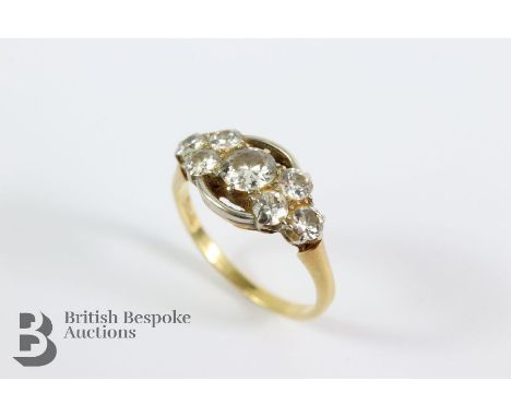 18ct yellow gold and diamond ring, size L, approx 3 gms, set with approx 35 pts of dias and flanked by 60 pts of dias.&nbsp;