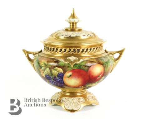 Horace Price for Royal Worcester pot-pourri and cover, painted with a study of fallen fruit, signed, approx 20 cms.&nbsp;