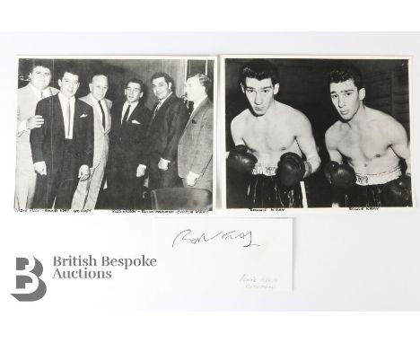 Two black and white photographs of the Kray twins, Reggie Kray and Ronnie Kray, together with a signed slip of paper by Ronni