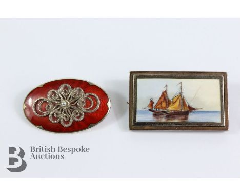 Norwegian sterling silver and enamel brooch. The brooch measures 37 x 24 mm together with a silver and marcasite green-stone 