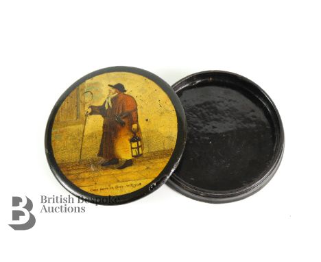 Georgian black lacquer snuff box, 'Come move on there - will you' approx 10 cms diameter.&nbsp;