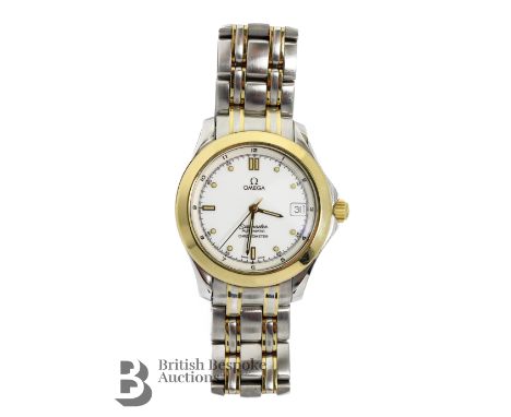 Gentleman's bi-metal Omega Seamaster Automatic bracelet watch, ref: 2301.20.00. The watch having a white face with gold dot a