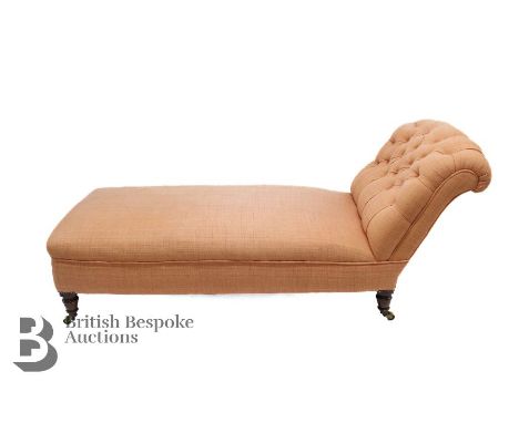 Antique Chaise Longue, on turned legs, with button back rest, approx 175 x 71 h x 66 w cms, upholstered in an apricot linen.&