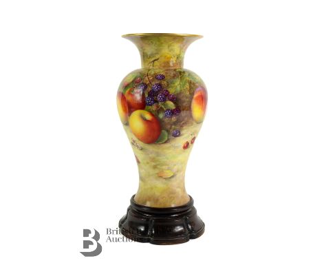 Royal Worcester vase by Richard Sebright, finely painted with a study of fallen fruit, a bunch of black grapes, apples, peach