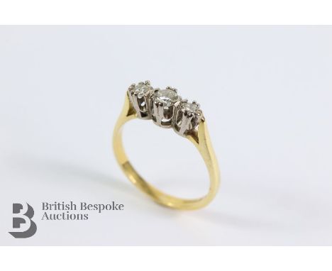 18ct yellow gold three-stone diamond ring, set with approx 30 pts of dias, size P, approx 3.28 gms.&nbsp;