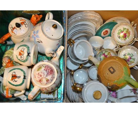 A Staffordshire floral printed tea set; a novelty fox hunting teapot milk and sugar, an Imperial china tea set, a Johnson Bro