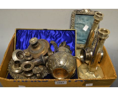 Silver & silver plate - a pair of hollow cast silver candlestick, weighted bases, birmingham 1944;  a silver photograph frame