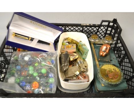 Boxes & objects, a Waterman's black fountain pen, gold plated nib, boxed;  a cash tin, pocket lighters, a 1998-2037 revolving