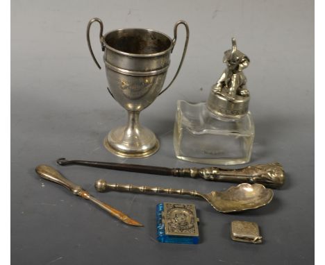 Silver - a twin handled trophy cup, Birmingham 1931;  a Victorian bamboo effect hafted egg spoon, Sheffield 1896;  a silver h