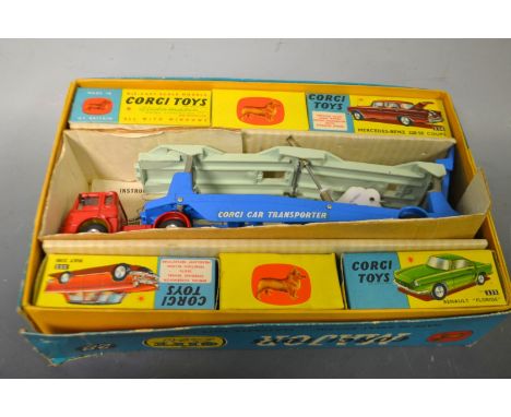 A Boxed Corgi Carrimore Car Transporter Gift Set No.28, with Bedford tractor unit and four cars - Mercedes 220 SE Coupe model