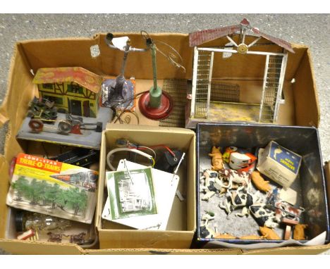 Toys & Juvenalia - a tin plate mechanical wheel house;  an animal cage;  two street lamps;  clockwork LuLu bird;  a Little Ge