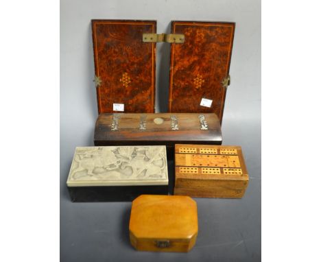 A Victorian rosewood and mother-of-pearl marquetry glove box (faults); the Acme Tie Press, patended, burr walnut veneer, c. 1