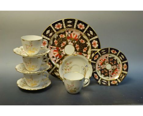 A Royal Crown Derby 2451 traditional Imari 27cm plate, another similar side plate , Devonshire pattern teacups and saucers ( 