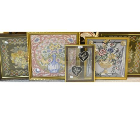 Textiles - a pair of heart shaped panels, stylised flowers, black ground, framed as one;  tapestry needlework panels etc (5)