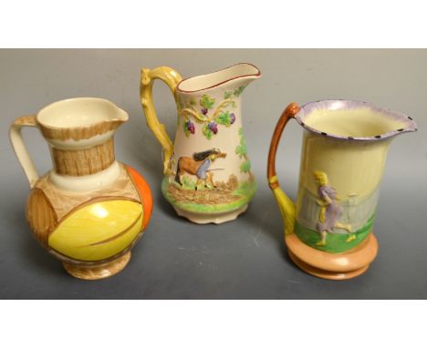 A Sanford ware Art Deco jug, girl by the fire; another similar figure hunting, unmarked etc (3)