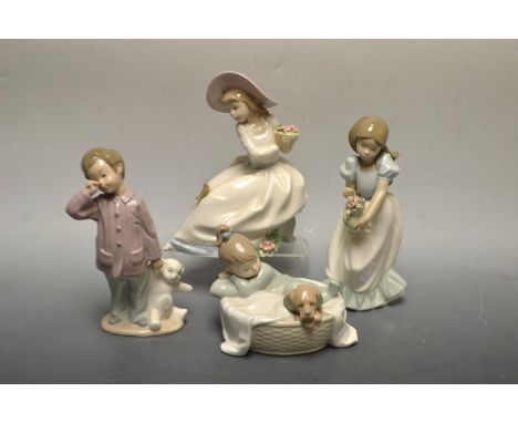 A Nao figure, Girl with Bird, No1345;  others Sleepy boy with Teddy, 1139;  Sleeping with the Dog, no 1416 etc (4)