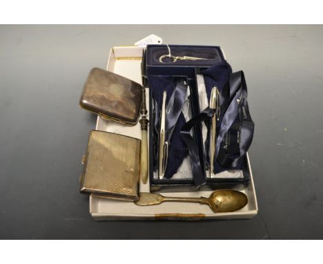 Silver and Silver plate - a rectangular silver cigarette case, Birmingham 1930;  another 1927;  a toasting fork;  a pair of  