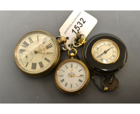 An Art Deco gilt and enamel pocket watch; Improved Guinea timekeeper; a fob watch (3)
