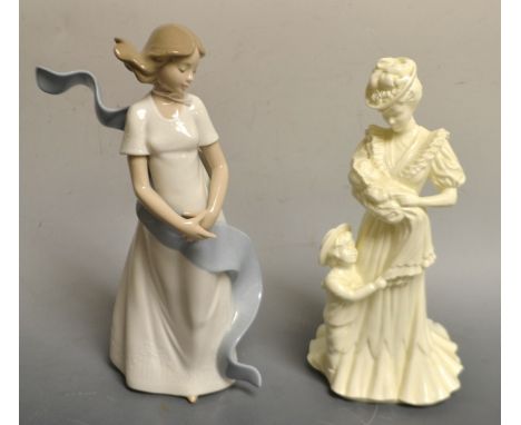 A Royal Worcester figure " The Christening" Sculpted by Maureen Halson;  a Nao figure Wind Swept Girl, associated box (2)