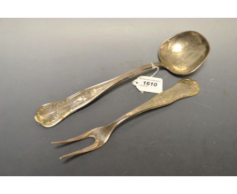 A Continental 800 grade silver kings pattern serving spoon, stamped ARG800;  a conforming two prong fork (2)