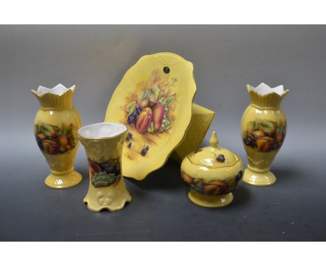 Aynsley Orchard Gold - a shaped square comport;  a pair of vase;  another;  a trinket box and cover, printed marks (5)