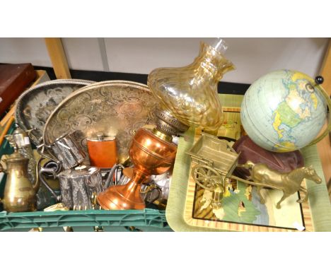 Metalware - a Victorian silver plated three piece tea service, a claret  jug, hip flask, toast rack, tray, etc;  a table glob