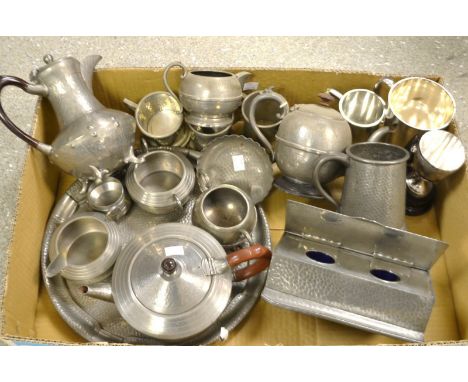 An Art Deco pewter desk stand, three piece pewter tea service and tray; others similar (1 box)