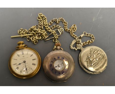 A silver half hunter pocket watch, blue enamel Roman numerals, export marks, a metal Albert chain; an Ingersoll pocket watch;