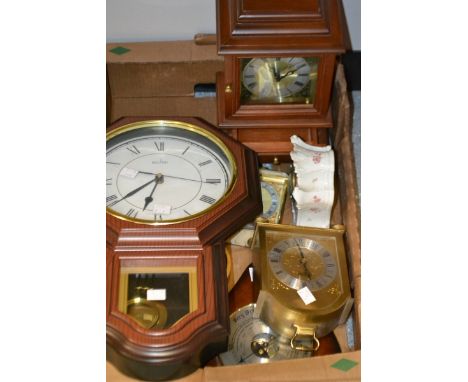 Clocks & Barometers - a reproduction mahogany mantel clock;  others;  a wall clock;  a 1970s shaped hall hanging barometer et
