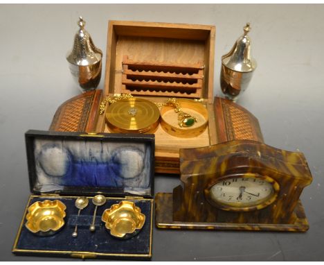 An Edwardian micro mosaic inlaid cigarette box; a pair of EPNS table salts, cased; a tortoiseshell effect mantle clock; bangl