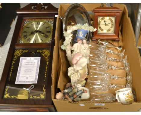 A Highlands Vienna wall clock; an Acctim carriage clock; Ceramics and glass including Capodimonte; six champagne glasses; sil