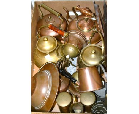 Copper and brassware- Victorian coper kettle, tea caddy, ladles, kitchenware