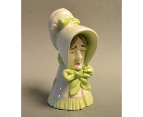 A Royal Worcester Candle Snuffer, Ladys wearing a bonnet, green ribbon, Bow and shawl, black marks