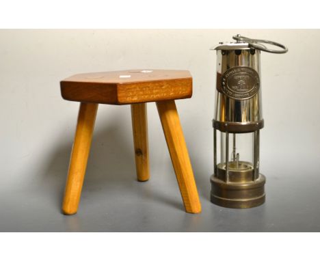 A E Thomas & Williams ltd Cambrian miners lamp no.22671; a milking stool (2)