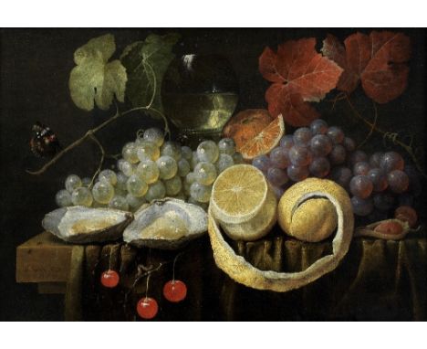 Joris van Son (Antwerp 1623-1667)Still life of oysters, grapes and lemons on a draped table with cherries and a roemer of whi