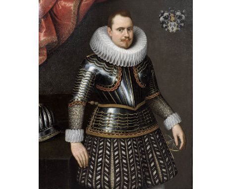 Flemish School, early 17th CenturyPortrait of gentleman, three-quarter-length, in armour, standing before a curtain charged w