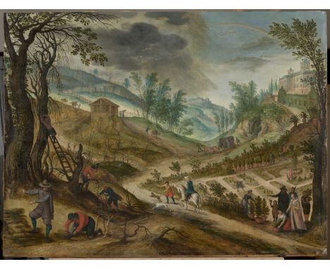 Attributed to Sebastian Vrancx (Antwerp 1573-1647)Allegory of the months of March and April, with the Villa Medici oil on pan