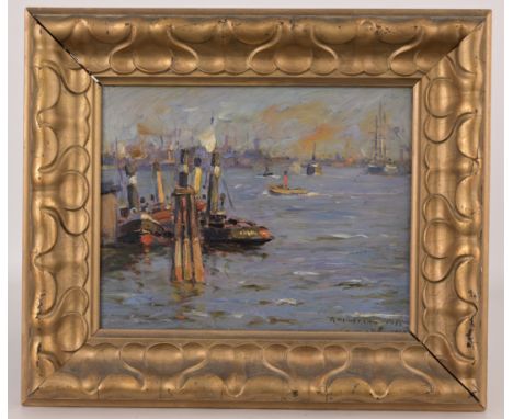 Reinhardt Heinemann (Germany, 1895-1967)Most likely Copenhagen Harbor.Signed and dated 1922 lower right. Oil on Board. Inscri