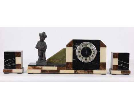 Marble Garniture Clock Set. With signed bronze on clock.Clock Dimensions: 10.5 x 19.5 x 4.25 in.Side Dimensions: 5.5 x 4.75 x