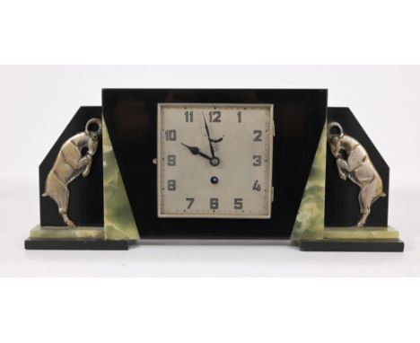 Art Deco Mantel Clock. Having chip to back right corner.Dimensions: 8 x 19 x 3.25 in.- All clocks & barometers & thermometers