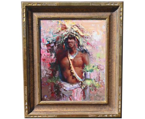 Buck McCain (American, b. 1943)"Aztec Warrior in Headdress" - 1993Oil on Panel. Signed lower right.  Housed in the original T