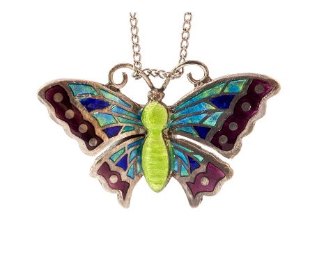 A Charles Horner  silver and enamel butterfly pendant, the wings viens decorated with turquoise and blue panels and purple wi